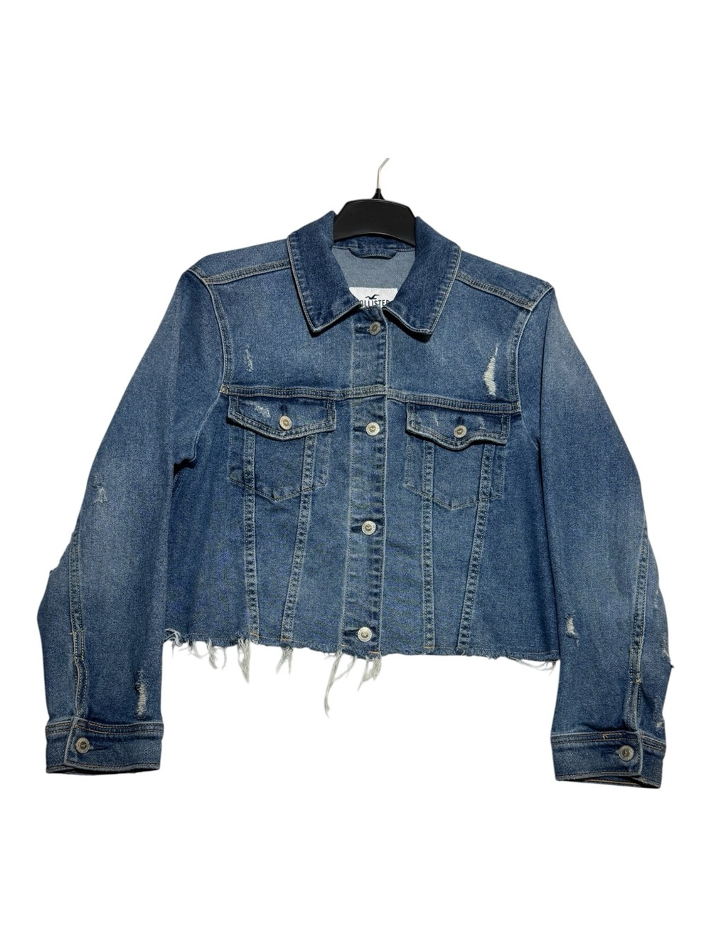 Hollister Distressed Cropped Denim Jacket Blue Raw Hem L Stretch Trucker Jean